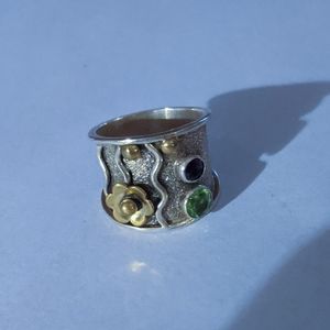 925 hammered Sterling / gold amethyst peridot ring